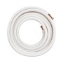 coiled white VEVOR mini split line set with copper fittings and insulation.