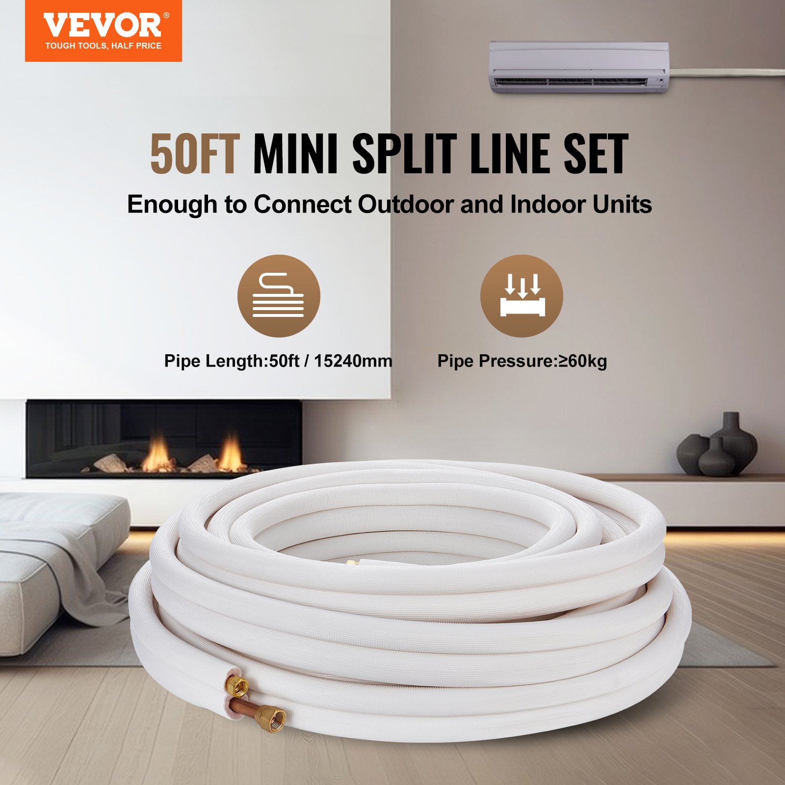 VEVOR mini split line set with 50ft length and 60kg pressure, coiled in a modern room background.