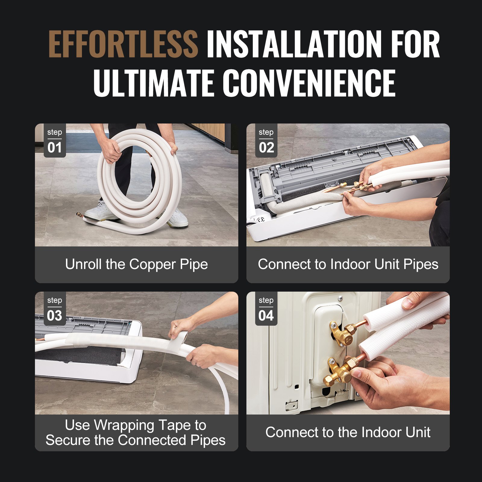 VEVOR mini split line set installation in four steps: unroll, connect, wrap, and link interior and exterior units.