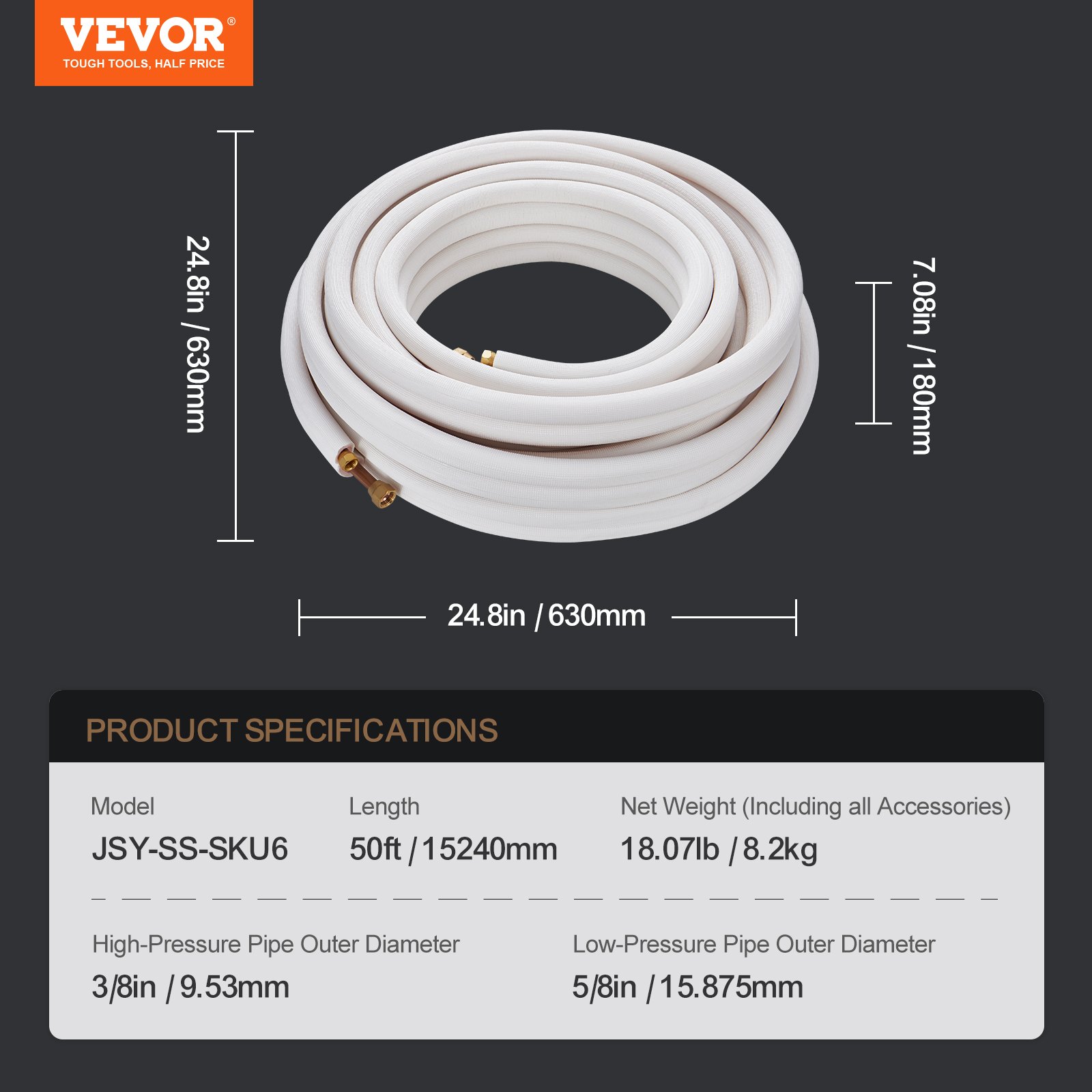 VEVOR mini split line set, 50ft length with 3/8in high-pressure and 5/8in low-pressure pipe diameters.