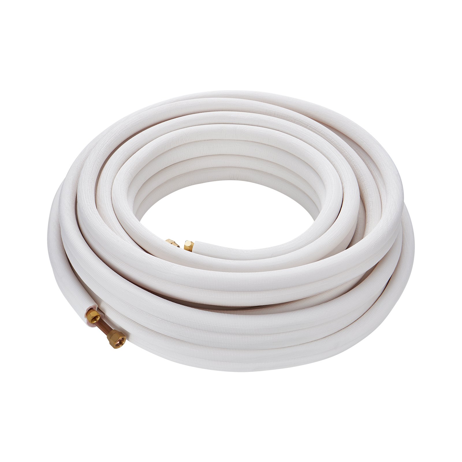 coiled VEVOR mini split line set with white insulation and brass fittings.