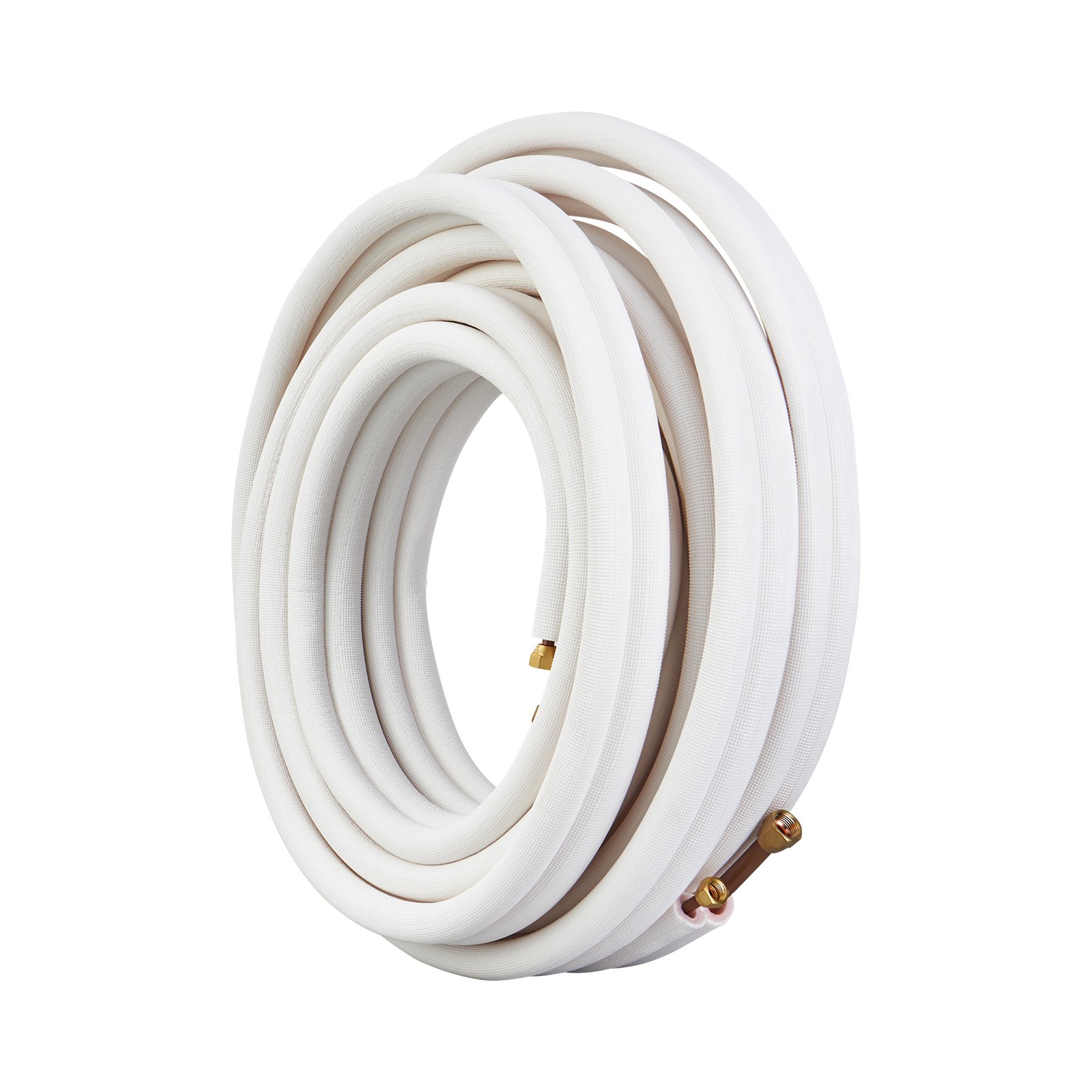 coiled white VEVOR mini split line set with copper fittings against a white background.