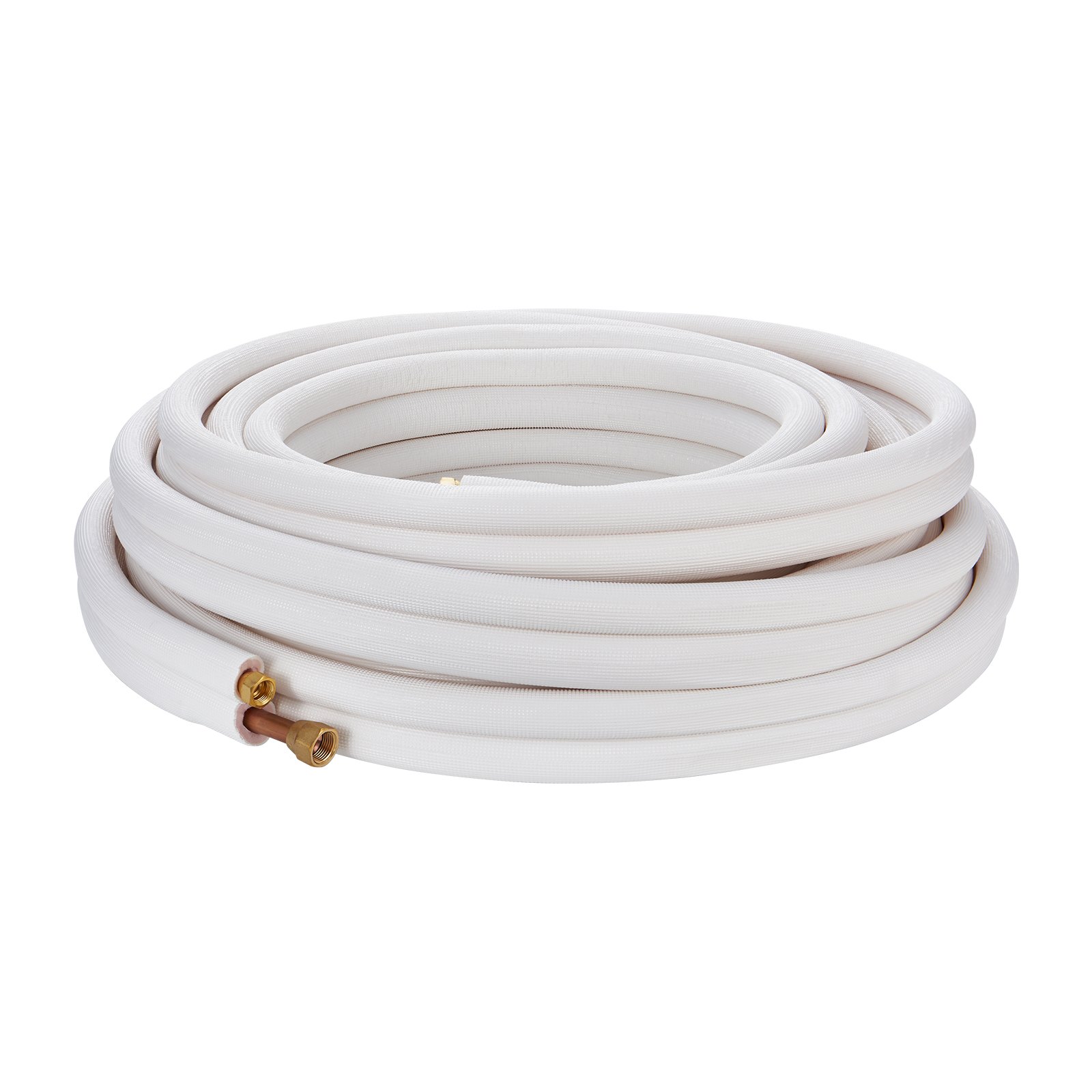 coiled white VEVOR mini split line set with brass fittings on white background.