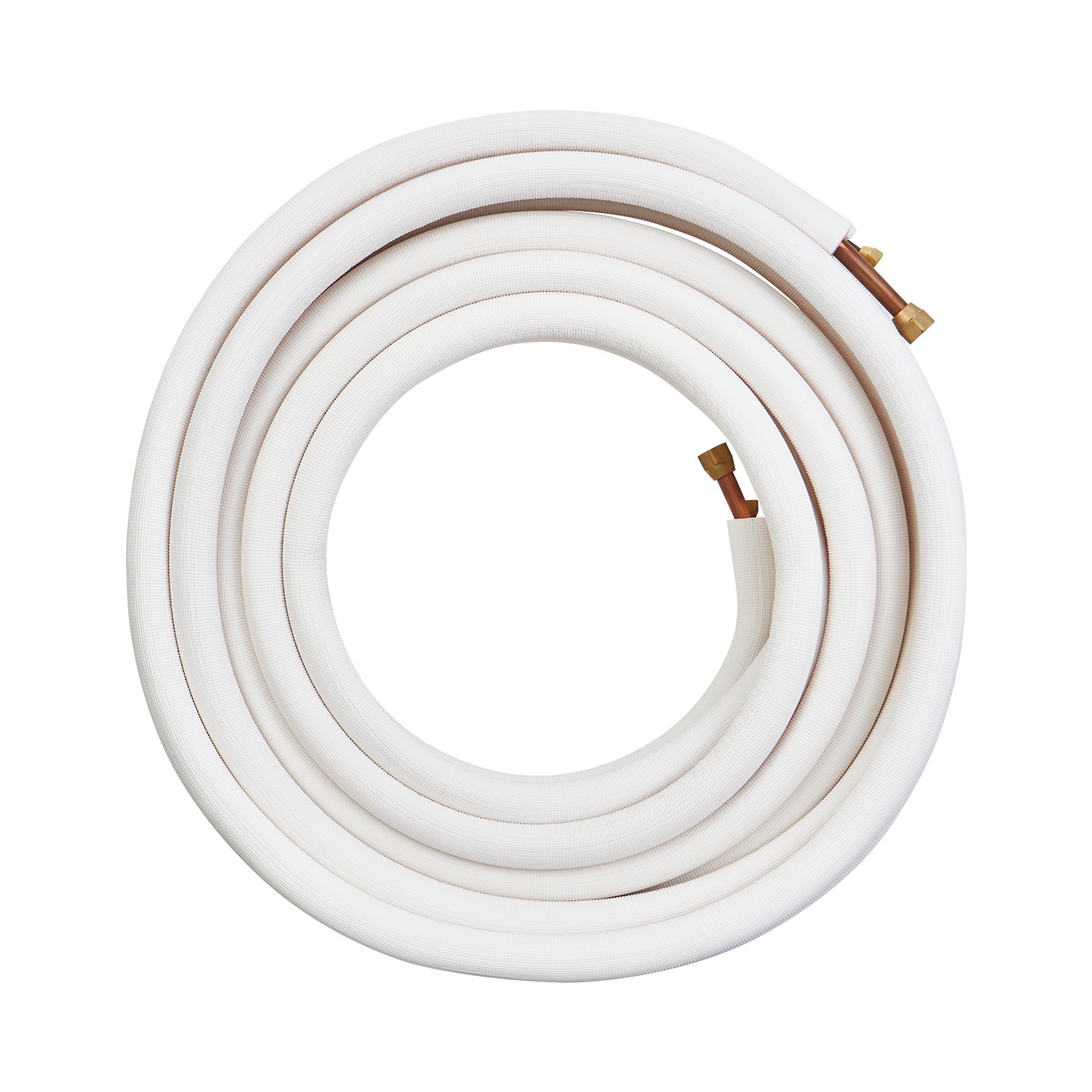 coiled white VEVOR mini split line set with copper fittings and insulation.