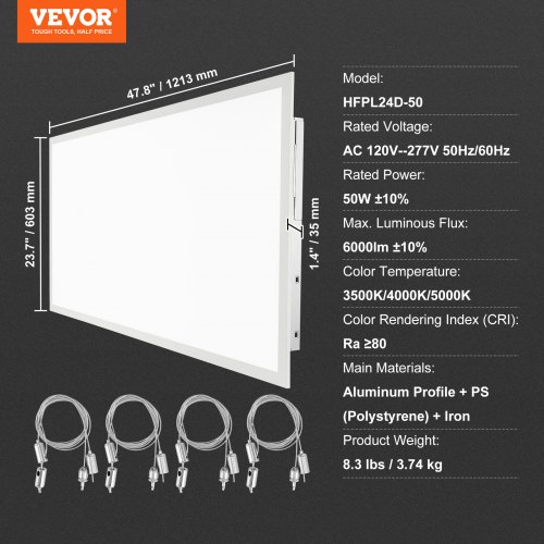 VEVOR 1 Pack 2x4 FT LED Flat Panel Light, 6000LM 50W, Surface Mount LED Drop Ceiling Light Fixture with Adjustable Color Temperature 3500K/4000K/5000K, Ultra Thin for Home Office Classroom, UL Listed