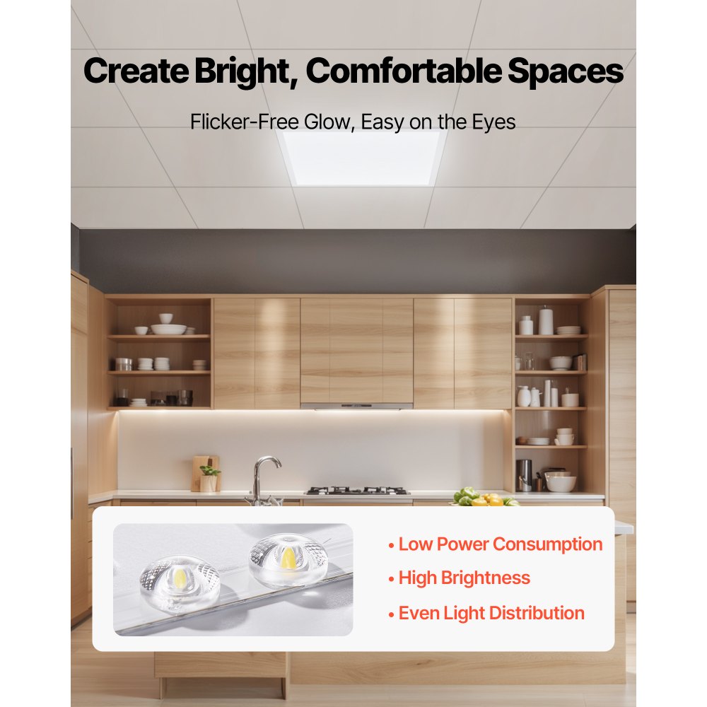 VEVOR 2x2 FT LED Flat Panel Light, 5700 LM, Flush Mount LED Drop Ceiling Lighting Fixture with 3 Color Selectable 3000K/4000K/5000K, 25W/30W/40W, 0-10V Dimmable, Ultra Slim for Home Kitchen, 4 Pack