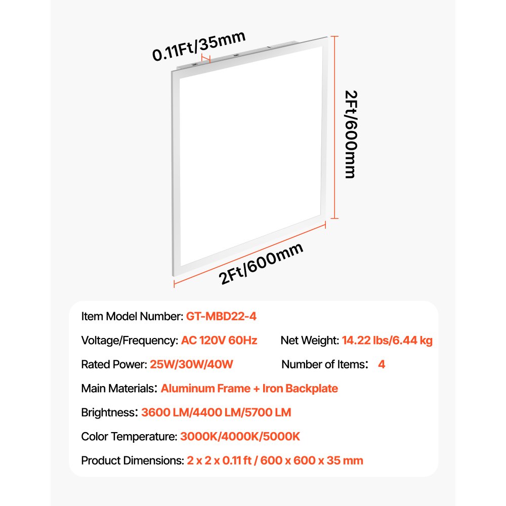 VEVOR 2x2 FT LED Flat Panel Light, 5700 LM, Flush Mount LED Drop Ceiling Lighting Fixture with 3 Color Selectable 3000K/4000K/5000K, 25W/30W/40W, 0-10V Dimmable, Ultra Slim for Home Kitchen, 4 Pack