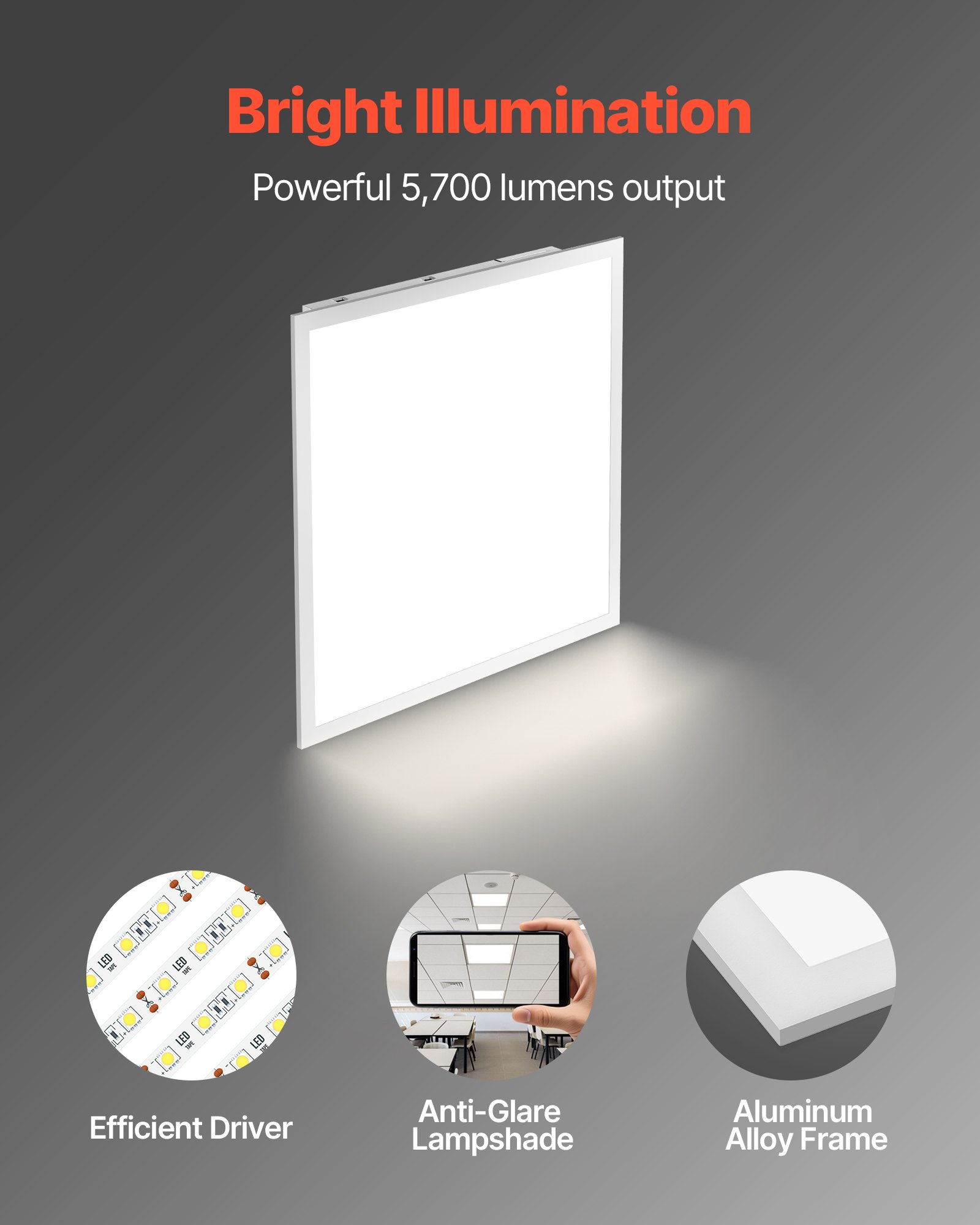 VEVOR 2x2 FT LED Flat Panel Light, 5700 LM, Flush Mount LED Drop Ceiling Lighting Fixture with 3 Color Selectable 3000K/4000K/5000K, 25W/30W/40W, 0-10V Dimmable, Ultra Slim for Home Kitchen, 4 Pack
