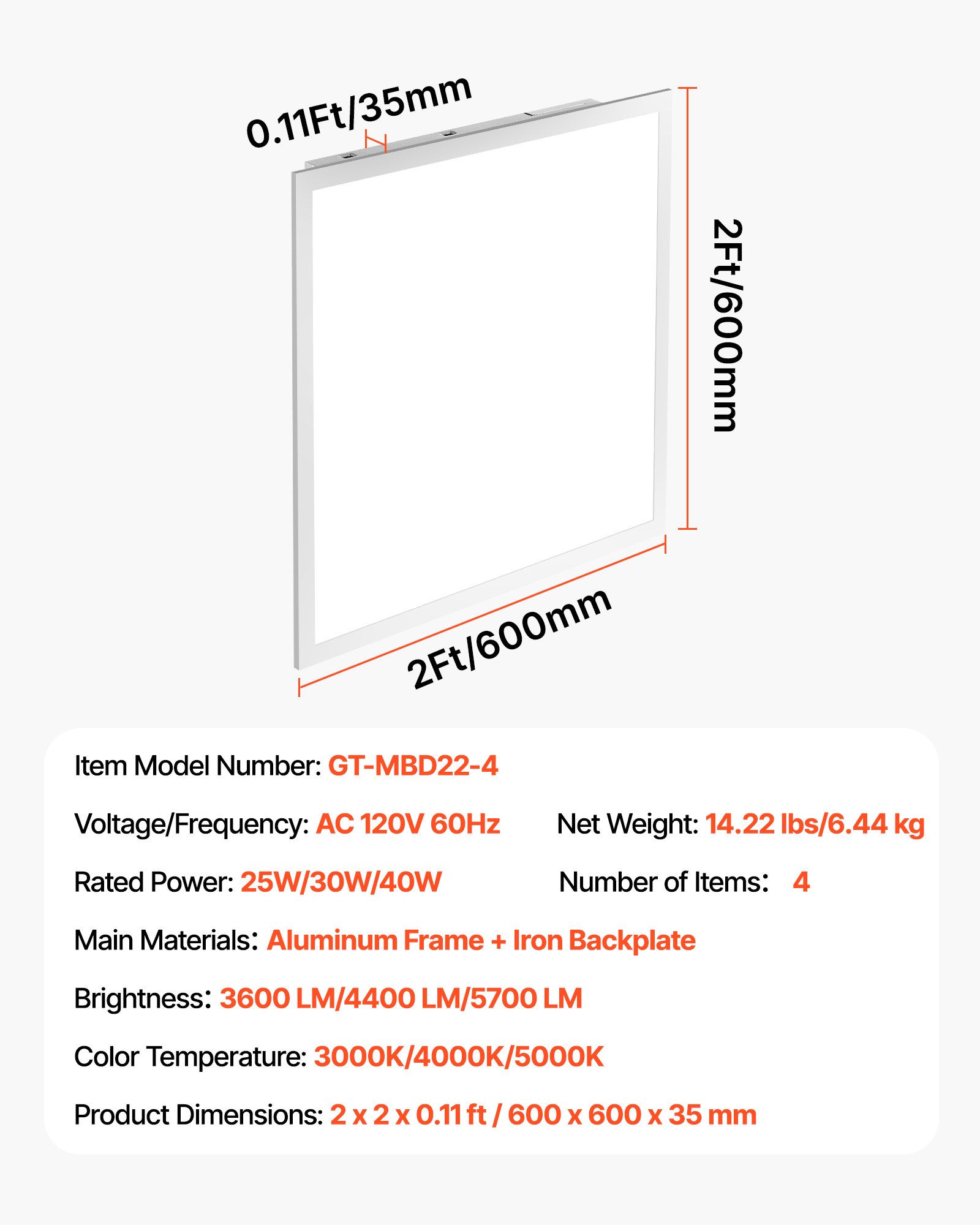VEVOR 2x2 FT LED Flat Panel Light, 5700 LM, Flush Mount LED Drop Ceiling Lighting Fixture with 3 Color Selectable 3000K/4000K/5000K, 25W/30W/40W, 0-10V Dimmable, Ultra Slim for Home Kitchen, 4 Pack