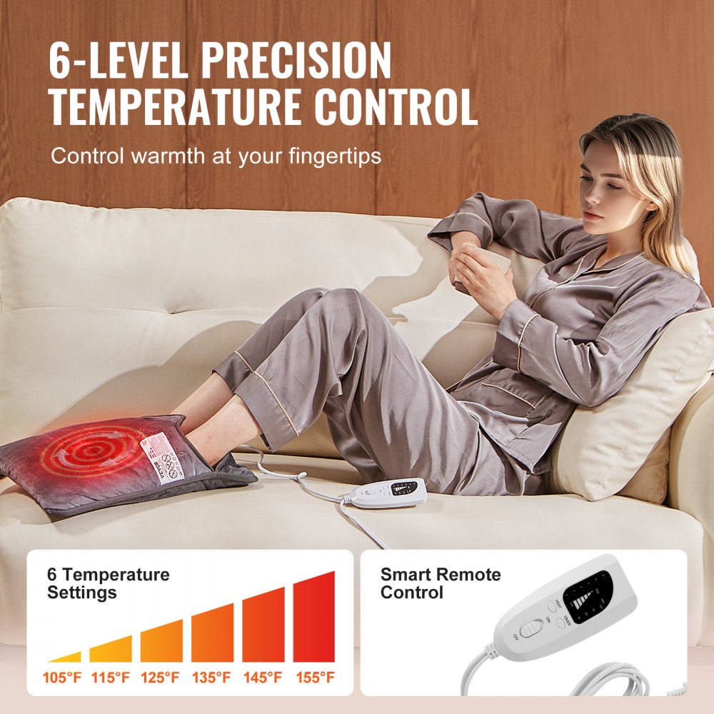 VEVOR Electric Heated Foot Warmer, Double-Sided Heating Pad for Foot with Timer, 6 Heat Levels & Auto Shut Off, Ultra-Soft Flannel Feet Warmer Machine Washable for Back, Waist, Abdomen, 15.4" x 15.0"