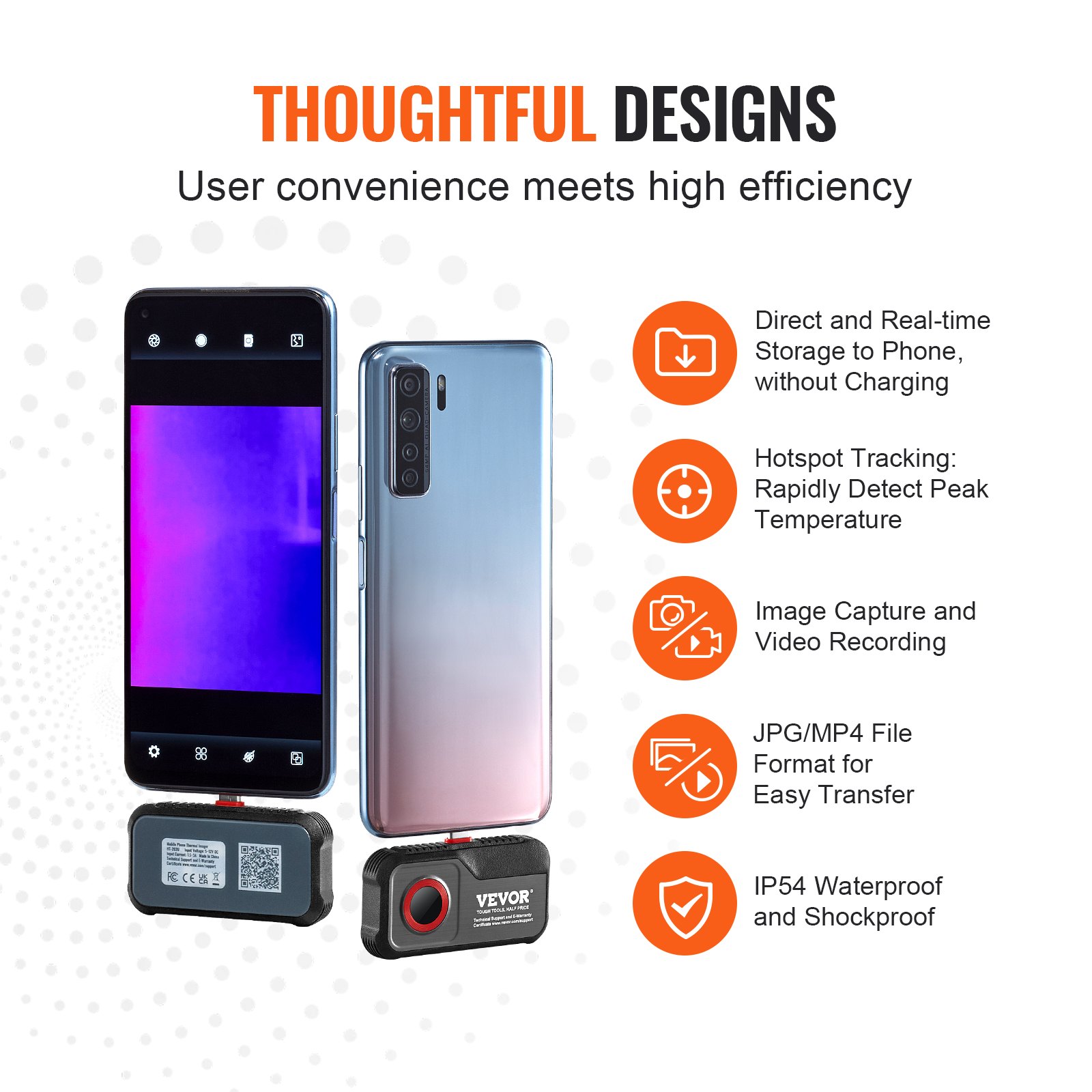 VEVOR Thermal Imaging Camera for Android, 256 x 192 IR Resolution Infrared Thermal Imager with Visual Camera, 25Hz Refresh Rate Thermal Camera for Smartphone/Tablet, -4-1022°F Temperature Range, IP54