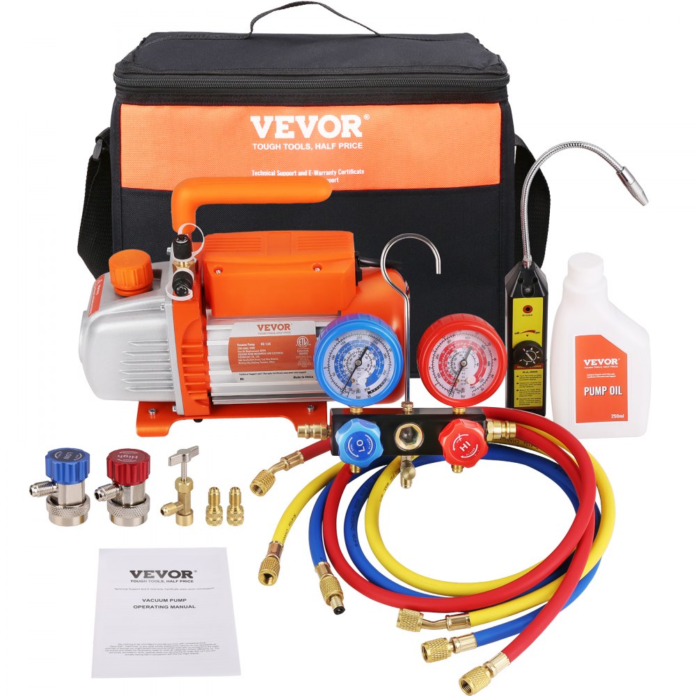 VEVOR 1/4 HP 4.5 CFM AC Vacuum Pump and Gauge Set, Single Stage Rotary Vane HVAC Air Vacuum Pump A/C Refrigerant Kit Manifold Gauge Set, with Three-Color Hose Carry Bag, Applicable to R134a, R410a