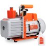 orange and silver VEVOR hvac vacuum pump with grip handle, attached hoses, and pump oil bottle.