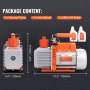 VEVOR hvac vacuum pump package contents: vacuum pump, user manual, two 250ml oil bottles, dimensions shown.