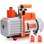 VEVOR hvac vacuum pump with orange handle and pump oil bottles.