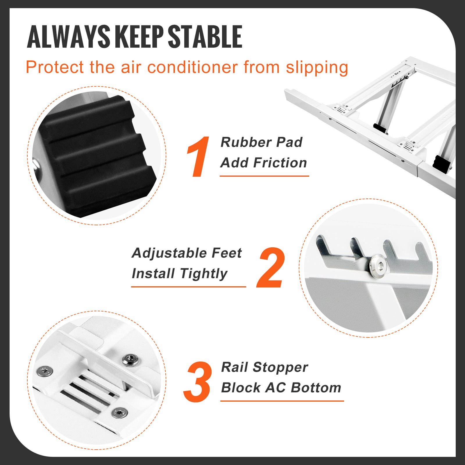 VEVOR air conditioner support bracket: rubber pad, adjustable feet, rail stopper for stability.