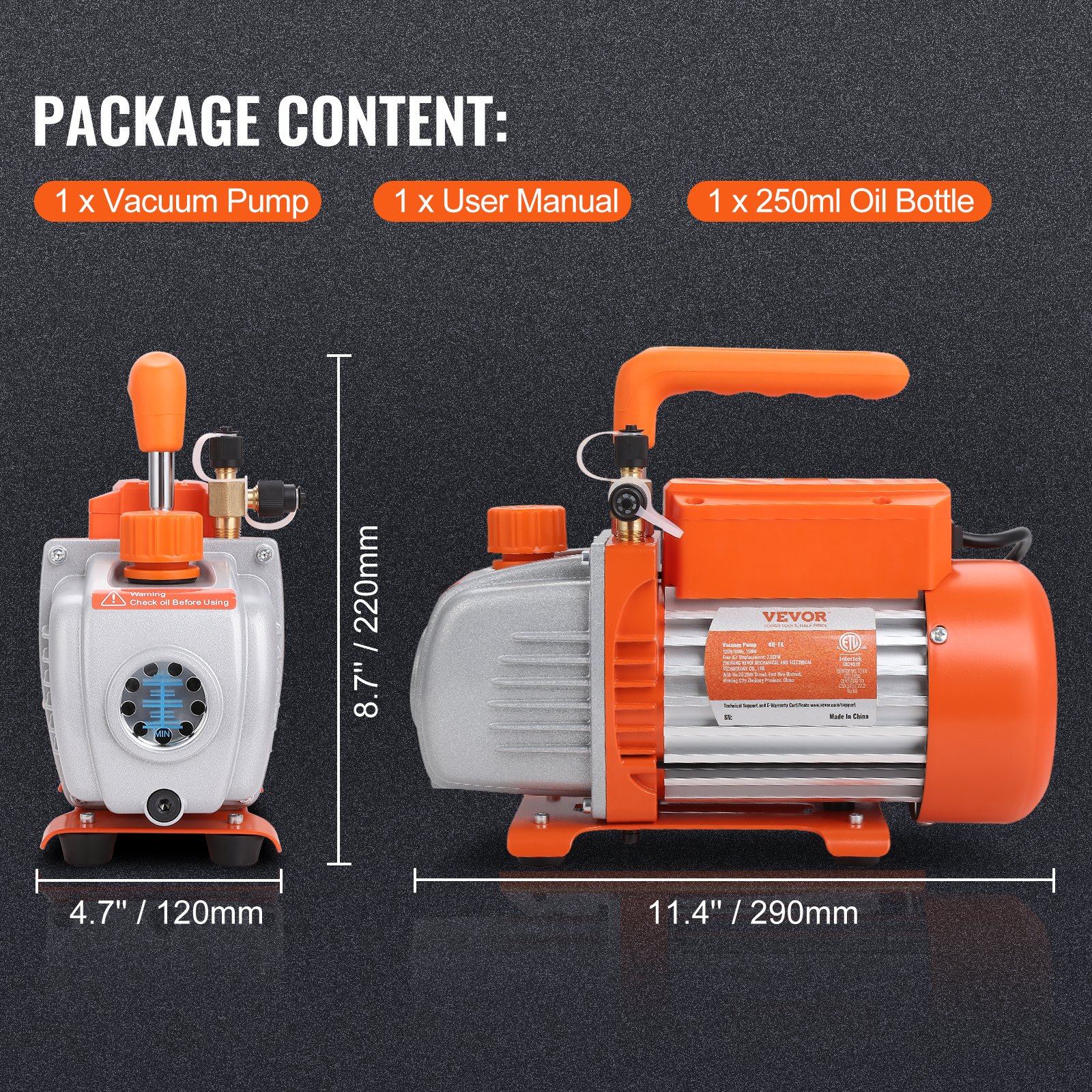 VEVOR 1/5 HP Single Stage Vacuum Pump, 3.5 CFM, 220-240V AC Air Conditioning Conditioner Vacuum Pump, 0.6 cm SAE Male 1.27 cm ACME Male Inlet, for HVAC Repair, Refrigeration Maintenance, Resin Degassing