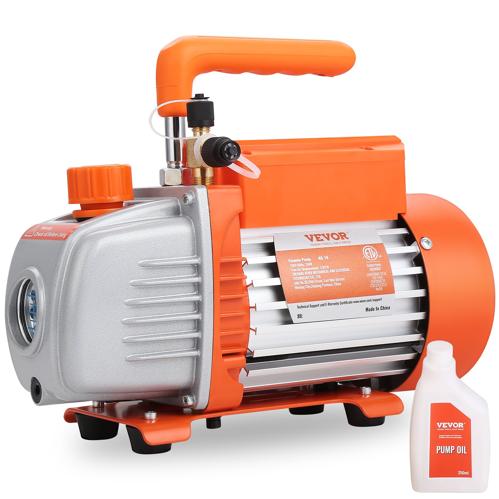 VEVOR 1/5 HP Single Stage Vacuum Pump, 3.5 CFM, 220-240V AC Air Conditioning Conditioner Vacuum Pump, 0.6 cm SAE Male 1.27 cm ACME Male Inlet, for HVAC Repair, Refrigeration Maintenance, Resin Degassing