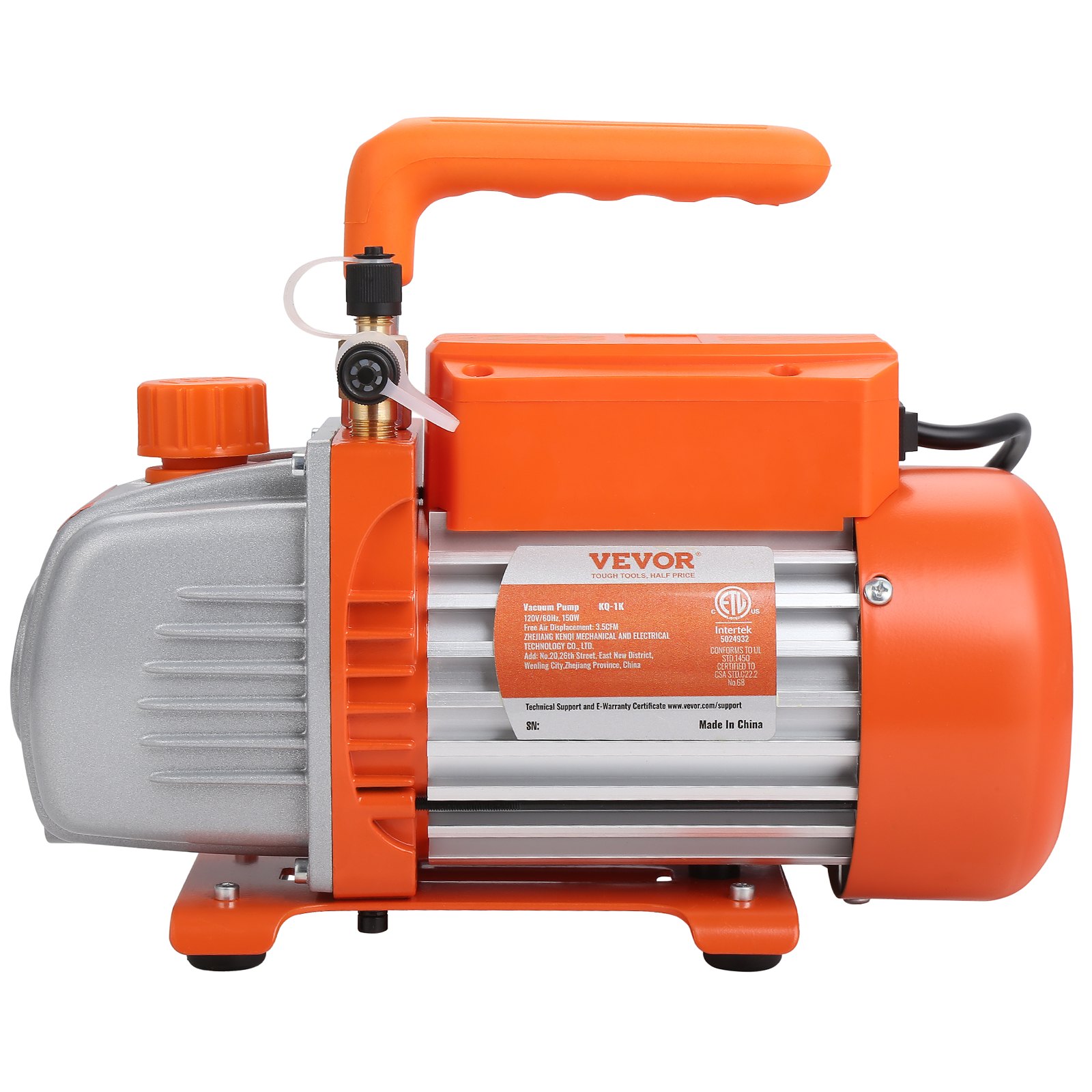 VEVOR 1/5 HP Single Stage Vacuum Pump, 3.5 CFM, 220-240V AC Air Conditioning Conditioner Vacuum Pump, 0.6 cm SAE Male 1.27 cm ACME Male Inlet, for HVAC Repair, Refrigeration Maintenance, Resin Degassing