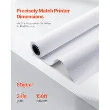 VEVOR Wide Format Paper, 24 in x 150 ft Plotter Roll, 20 Rolls CAD Bond Rolls with 2 in Core, 20 LB Bond Paper Rolls, Ideal for CAD Drawings, Engineering Plans, GIS Maps, and Architectural Designs
