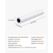 VEVOR Wide Format Paper, 24 in x 150 ft Plotter Roll, 20 Rolls CAD Bond Rolls with 2 in Core, 20 LB Bond Paper Rolls, Ideal for CAD Drawings, Engineering Plans, GIS Maps, and Architectural Designs