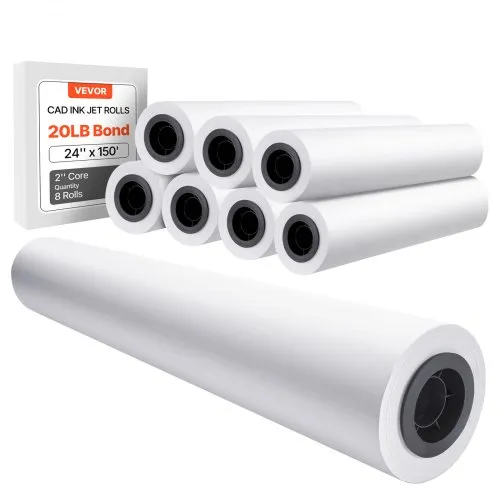 VEVOR Wide Format Paper, 24 in x 150 ft Plotter Roll, 8 Rolls CAD Bond Rolls with 2 in Core, 20 LB Bond Paper Rolls, Ideal for CAD Drawings, Engineering Plans, GIS Maps, and Architectural Designs