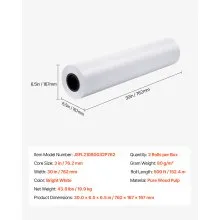 VEVOR Wide Format Paper, 30 in x 500 ft Plotter Roll, 2 Rolls CAD Bond Rolls with 3 in Core, 20 LB Bond Paper Rolls, Ideal for CAD Drawings, Engineering Plans, GIS Maps, and Architectural Designs