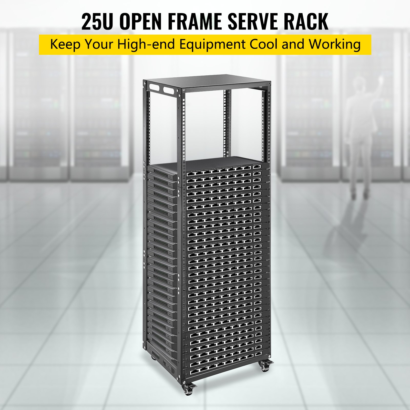 VEVOR Server Rack, 25U Open Frame Rack, 4-Post IT Server Network Relay Rack, 19 Inch Server/Audio Network Equipment Rack Cold Rolled Steel, Heavy Duty Rack w/Casters, Holds Network Servers & AV Gear