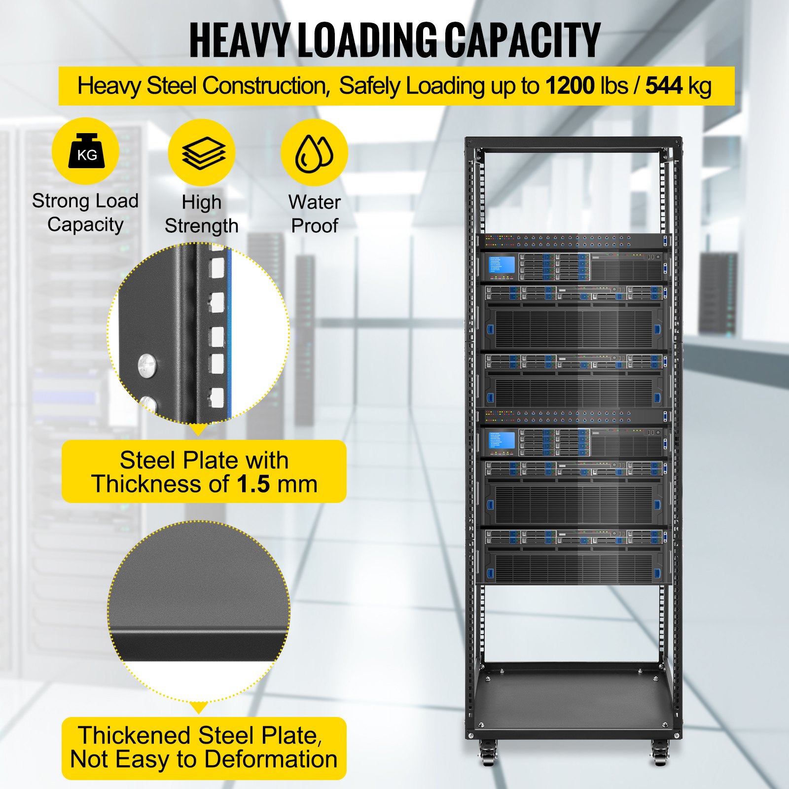 VEVOR Server Rack, 25U Open Frame Rack, 4-Post IT Server Network Relay Rack, 19 Inch Server/Audio Network Equipment Rack Cold Rolled Steel, Heavy Duty Rack w/Casters, Holds Network Servers & AV Gear