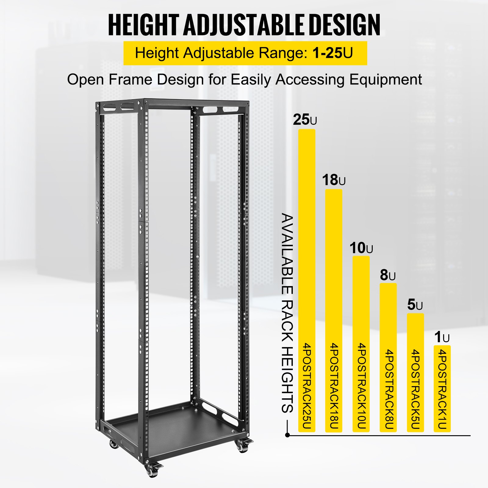 VEVOR Server Rack, 25U Open Frame Rack, 4-Post IT Server Network Relay Rack, 19 Inch Server/Audio Network Equipment Rack Cold Rolled Steel, Heavy Duty Rack w/Casters, Holds Network Servers & AV Gear