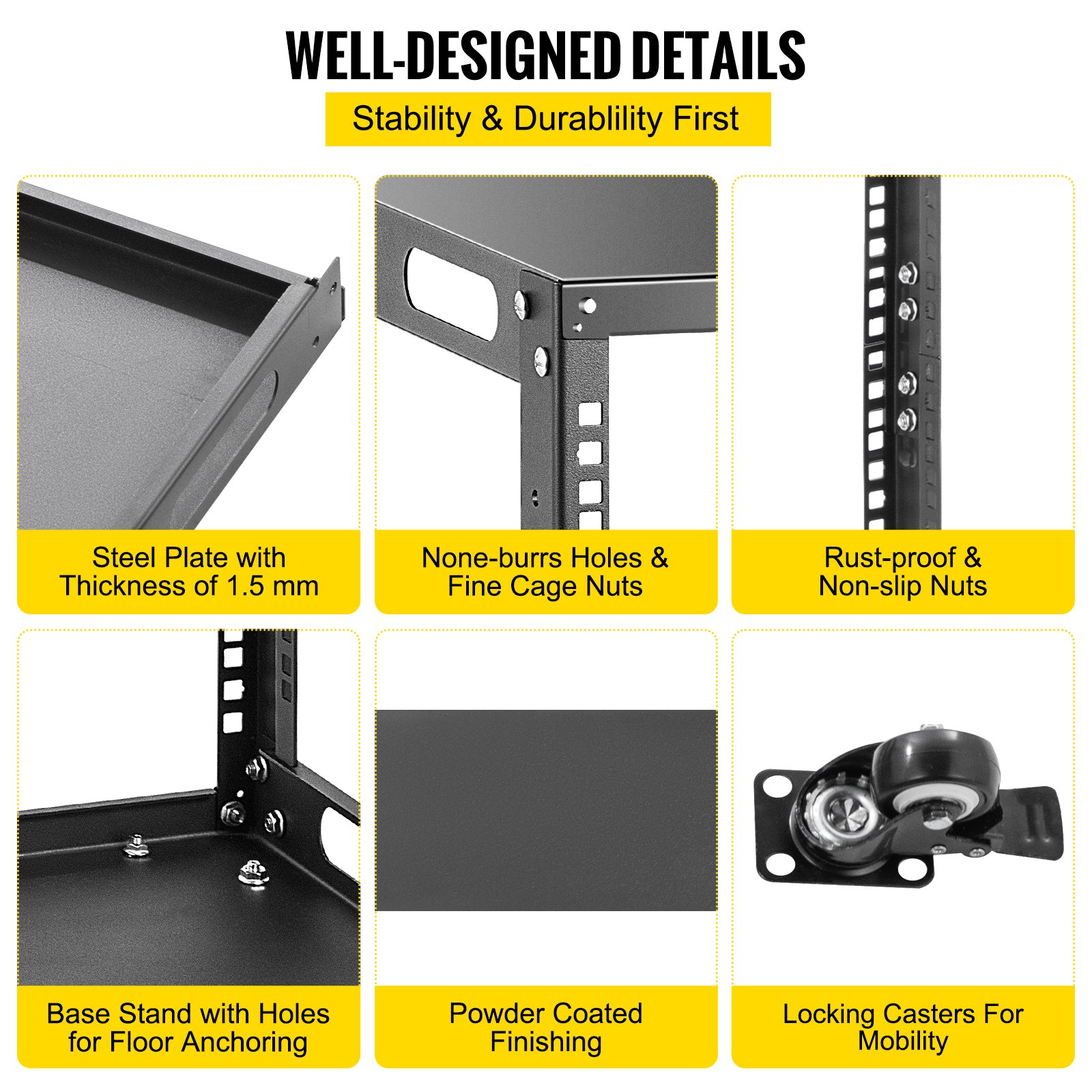 VEVOR Server Rack, 25U Open Frame Rack, 4-Post IT Server Network Relay Rack, 19 Inch Server/Audio Network Equipment Rack Cold Rolled Steel, Heavy Duty Rack w/Casters, Holds Network Servers & AV Gear