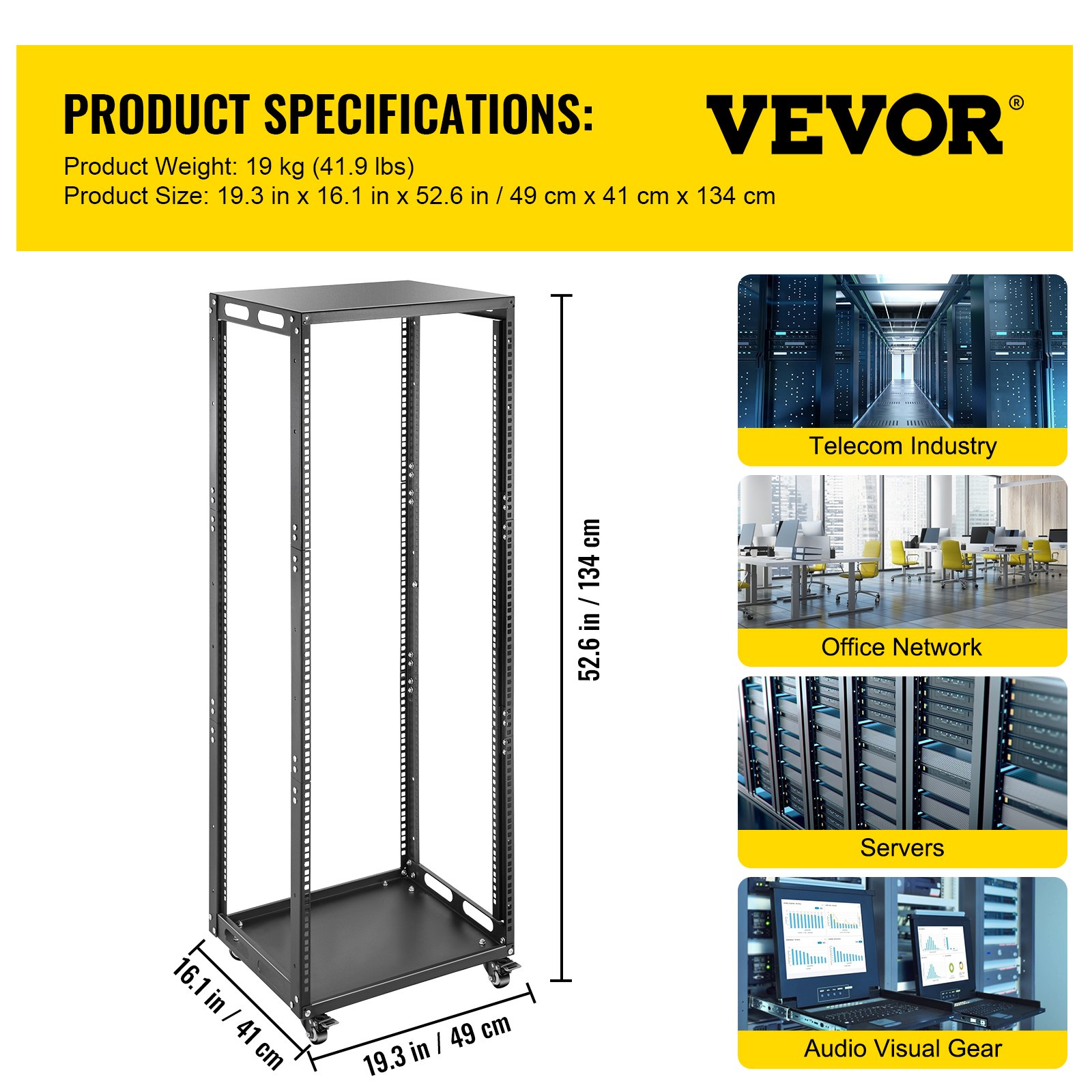 VEVOR Server Rack, 25U Open Frame Rack, 4-Post IT Server Network Relay Rack, 19 Inch Server/Audio Network Equipment Rack Cold Rolled Steel, Heavy Duty Rack w/Casters, Holds Network Servers & AV Gear