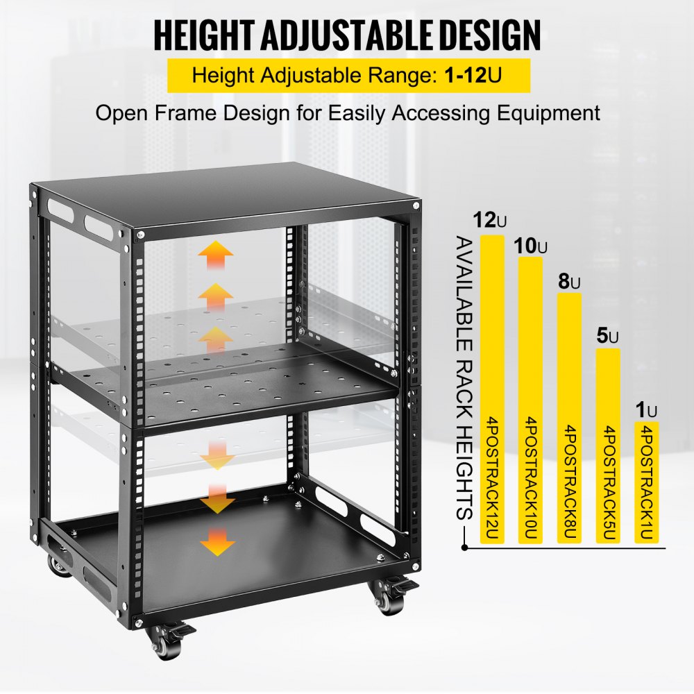 VEVOR Server Rack, 12U Open Frame Rack, 4-Post IT Server Network Relay Rack, 19 Inch Server/Audio Network Equipment Rack Cold Rolled Steel, Heavy Duty Rack w/Casters, Holds Network Servers & AV Gear