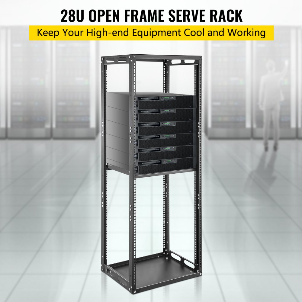 VEVOR Server Rack, 28U Open Frame Rack, 4-Post IT Server Network Relay Rack, 19 Inch Server/Audio Network Equipment Rack Cold Rolled Steel, Heavy Duty Threaded Rack, Holds Network Servers & AV Gear