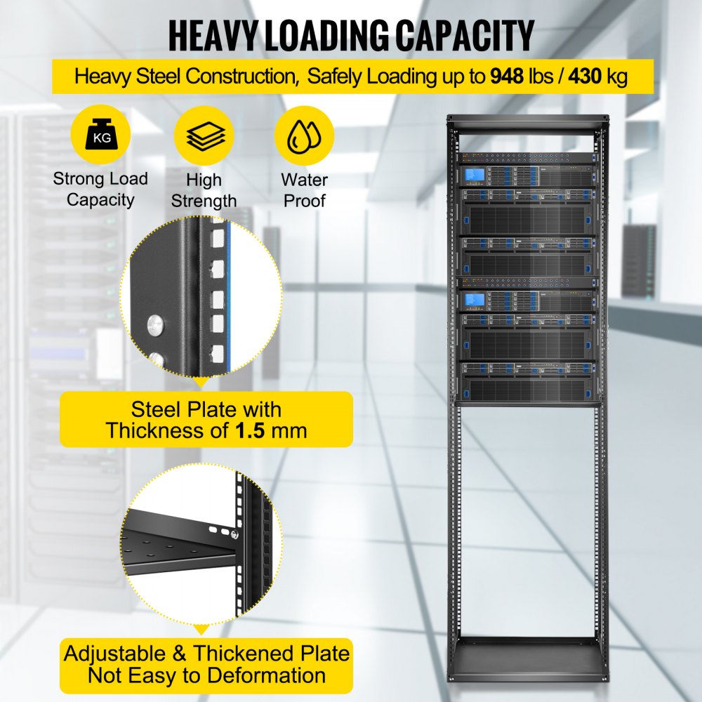 VEVOR Server Rack, 42U Open Frame Rack, 4-Post IT Server Network Relay Rack, 19 Inch Server/Audio Network Equipment Rack Cold Rolled Steel, Heavy Duty Threaded Rack, Holds Network Servers & AV Gear