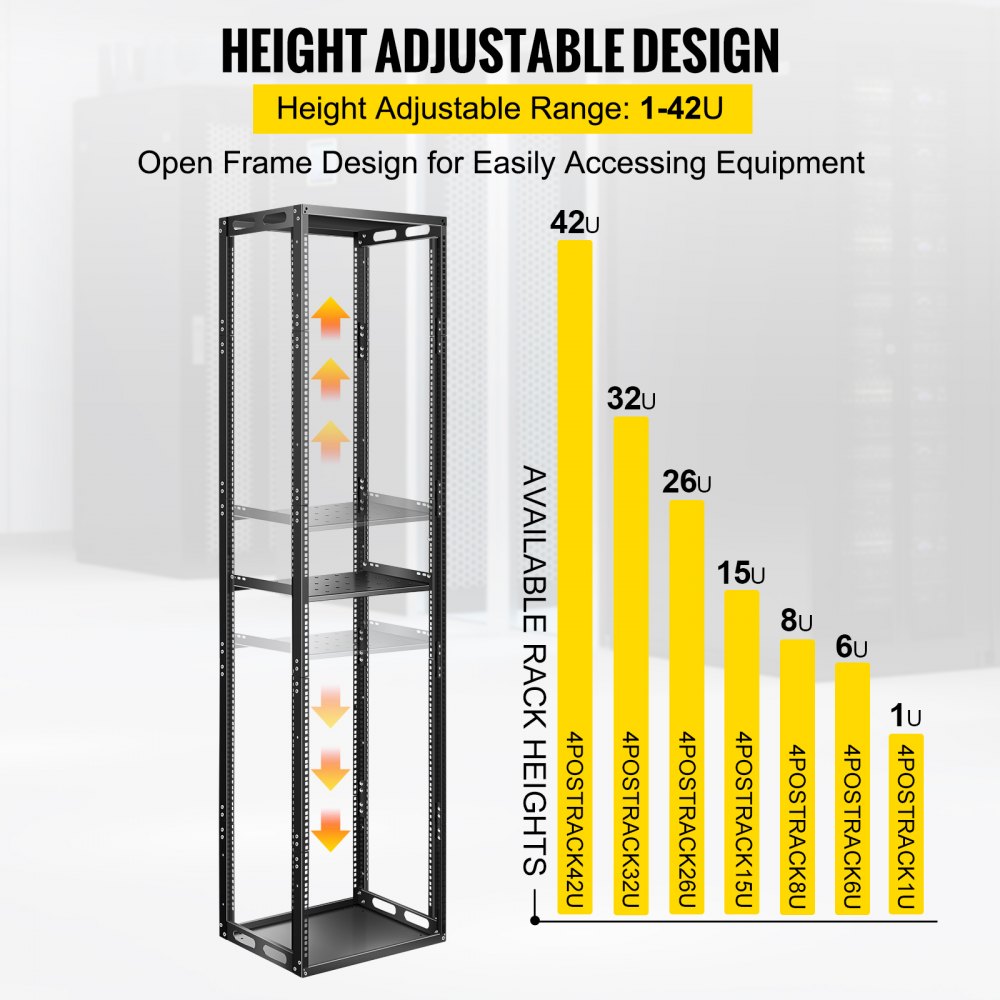 VEVOR Server Rack, 42U Open Frame Rack, 4-Post IT Server Network Relay Rack, 19 Inch Server/Audio Network Equipment Rack Cold Rolled Steel, Heavy Duty Threaded Rack, Holds Network Servers & AV Gear