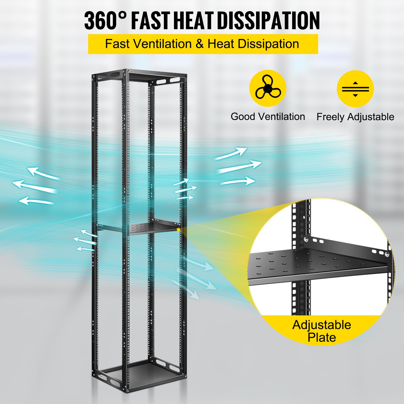 VEVOR Server Rack, 42U Open Frame Rack, 4-Post IT Server Network Relay Rack, 19 Inch Server/Audio Network Equipment Rack Cold Rolled Steel, Heavy Duty Threaded Rack, Holds Network Servers & AV Gear