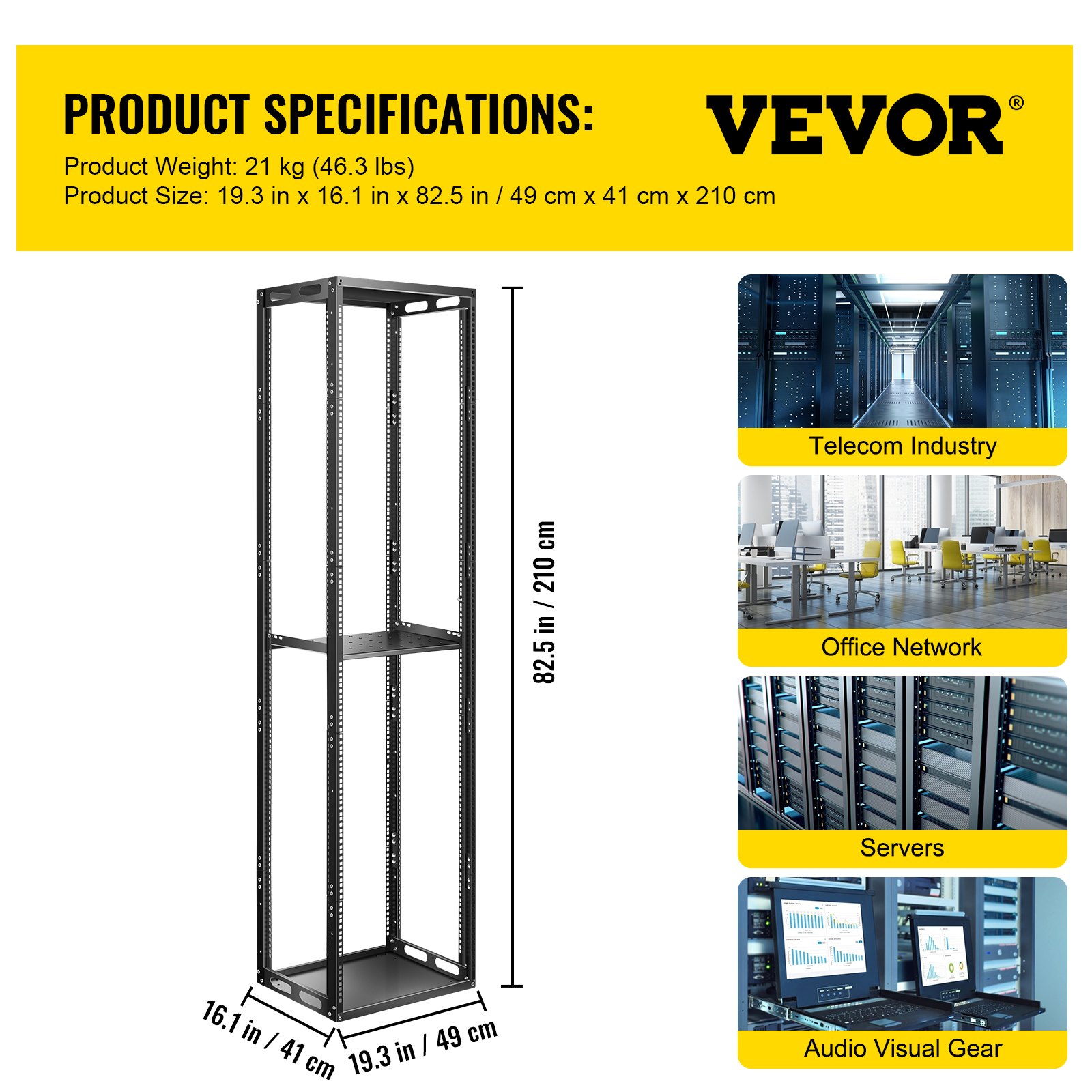 VEVOR Server Rack, 42U Open Frame Rack, 4-Post IT Server Network Relay Rack, 19 Inch Server/Audio Network Equipment Rack Cold Rolled Steel, Heavy Duty Threaded Rack, Holds Network Servers & AV Gear