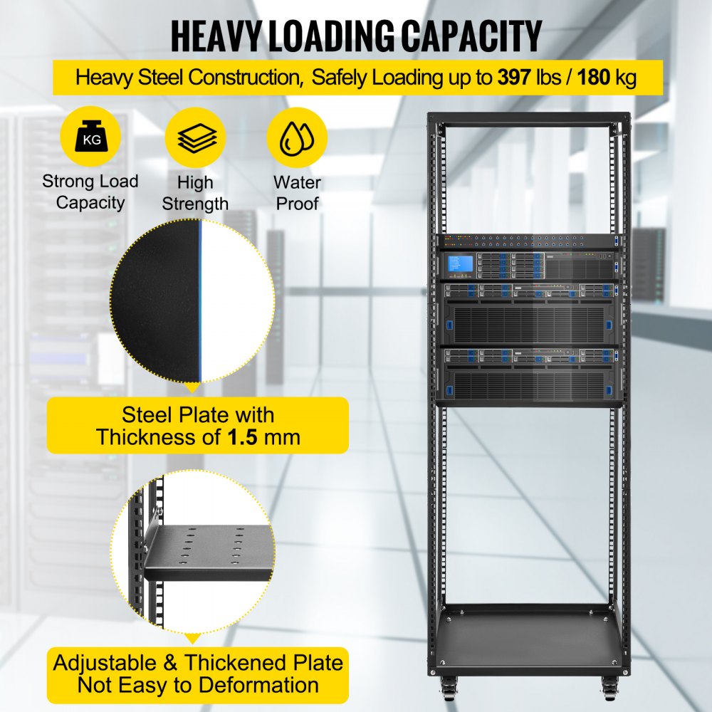 VEVOR Server Rack, 27U Open Frame Rack, 4-Post IT Server Network Relay Rack, 19 Inch Server/Audio Network Equipment Rack Cold Rolled Steel, Heavy Duty Rack w/Casters, Holds Network Servers & AV Gear