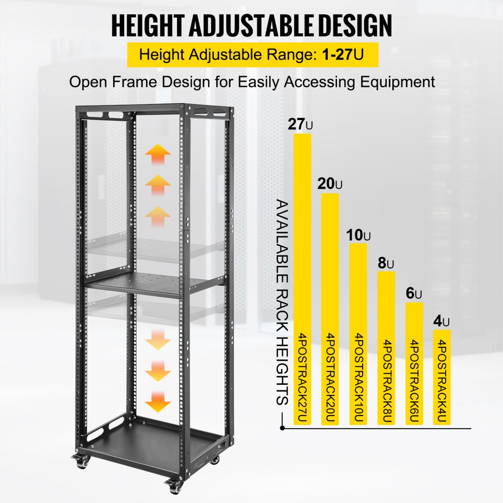 VEVOR Server Rack, 27U Open Frame Rack, 4-Post IT Server Network Relay Rack, 19 Inch Server/Audio Network Equipment Rack Cold Rolled Steel, Heavy Duty Rack w/Casters, Holds Network Servers & AV Gear