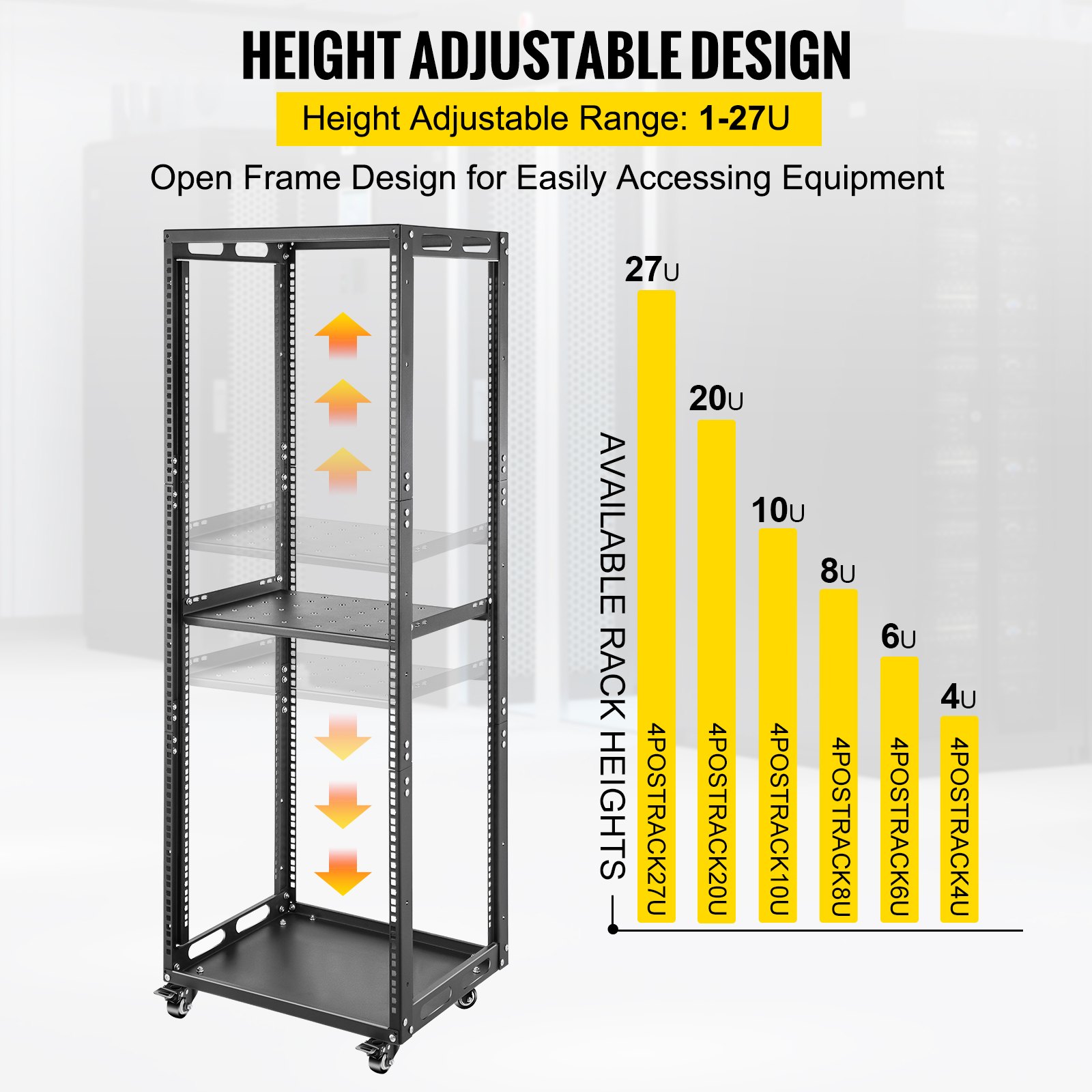 VEVOR Server Rack, 27U Open Frame Rack, 4-Post IT Server Network Relay Rack, 19 Inch Server/Audio Network Equipment Rack Cold Rolled Steel, Heavy Duty Rack w/Casters, Holds Network Servers & AV Gear