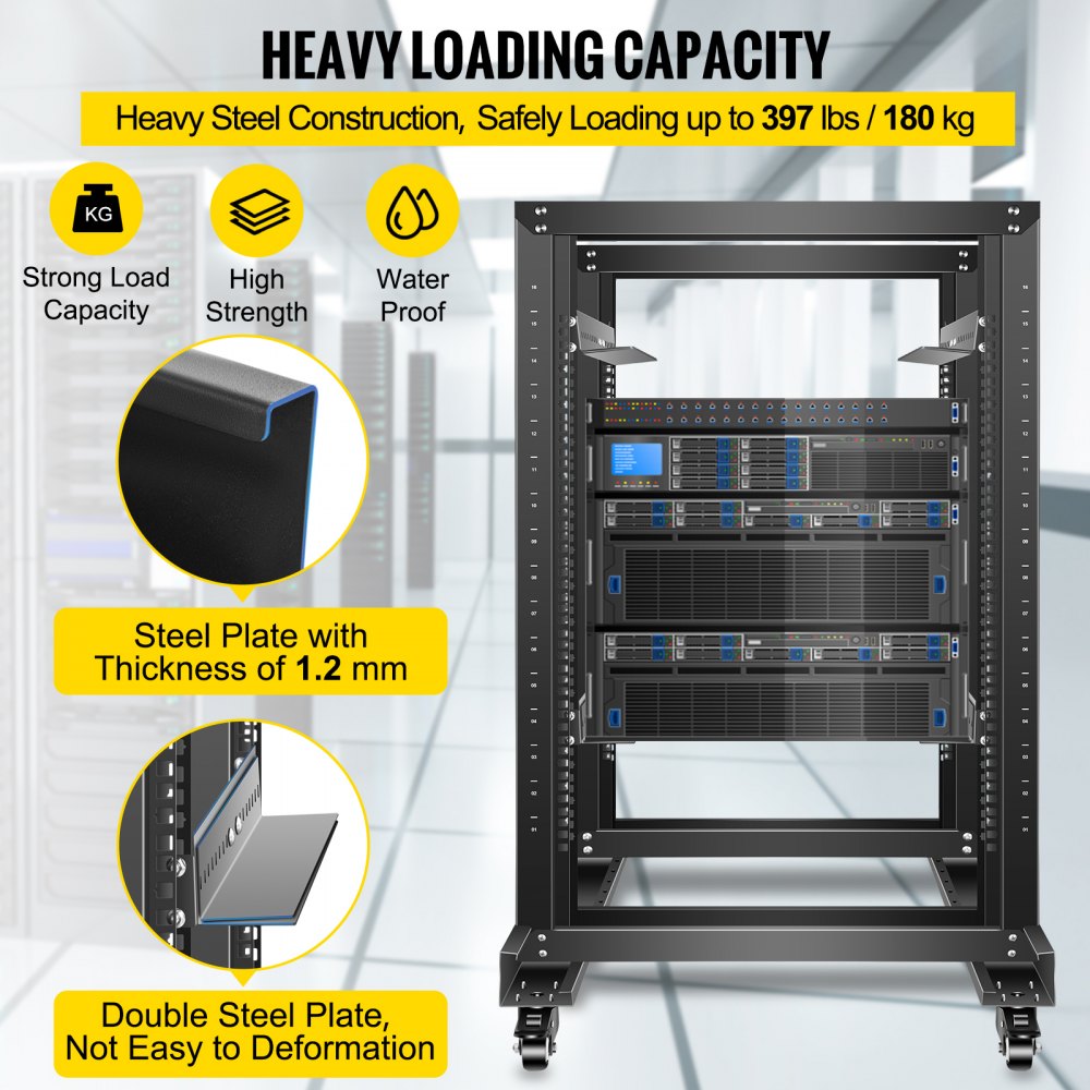 VEVOR Server Rack, 15U Open Frame Rack, 4-Post IT Server Relay Rack, 19" Server/Audio Network Equipment Rack Cold Rolled Steel, 23.5" Deep Heavy Duty Rack w/Casters, Holds Network Servers & AV Gear