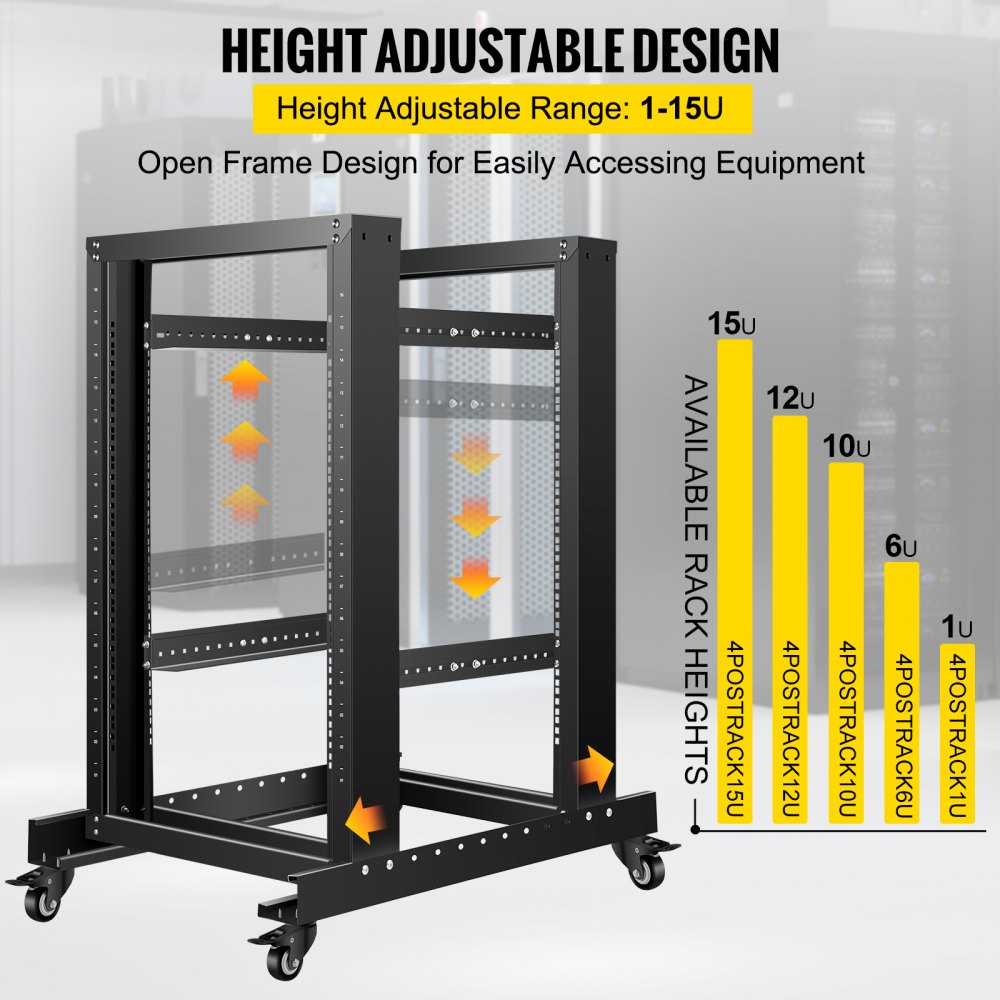 VEVOR Server Rack, 15U Open Frame Rack, 4-Post IT Server Relay Rack, 19" Server/Audio Network Equipment Rack Cold Rolled Steel, 23.5" Deep Heavy Duty Rack w/Casters, Holds Network Servers & AV Gear