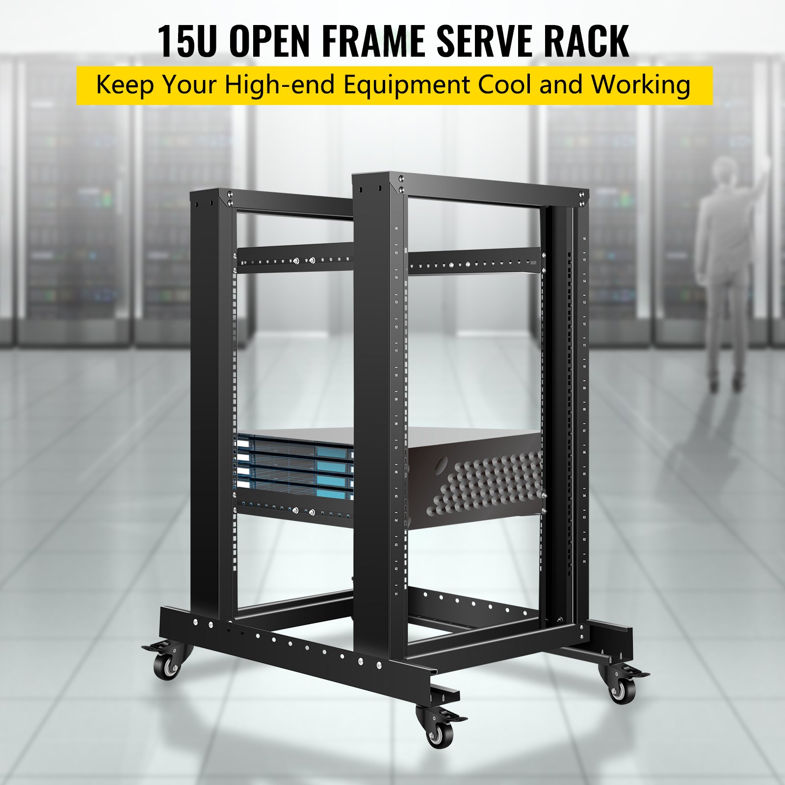 VEVOR Server Rack, 15U Open Frame Rack, 4-Post IT Server Relay Rack, 19" Server/Audio Network Equipment Rack Cold Rolled Steel, 23.5" Deep Heavy Duty Rack w/Casters, Holds Network Servers & AV Gear