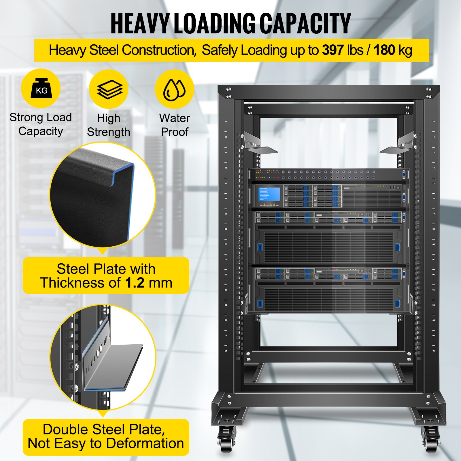 VEVOR Server Rack, 15U Open Frame Rack, 4-Post IT Server Relay Rack, 19" Server/Audio Network Equipment Rack Cold Rolled Steel, 23.5" Deep Heavy Duty Rack w/Casters, Holds Network Servers & AV Gear
