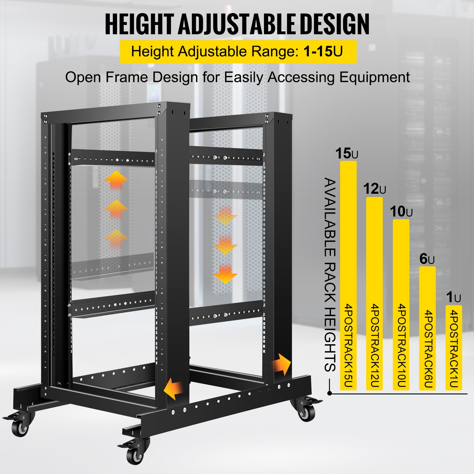VEVOR Server Rack, 15U Open Frame Rack, 4-Post IT Server Relay Rack, 19" Server/Audio Network Equipment Rack Cold Rolled Steel, 23.5" Deep Heavy Duty Rack w/Casters, Holds Network Servers & AV Gear