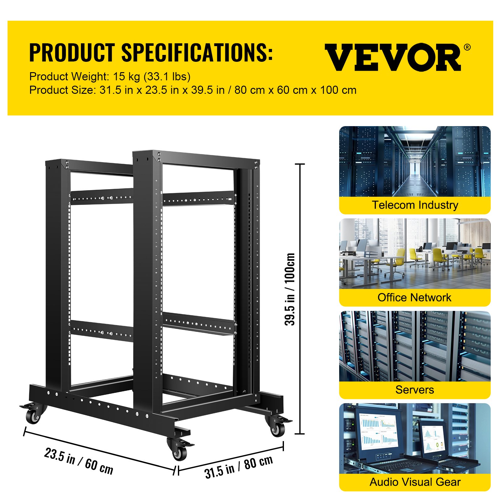 VEVOR Server Rack, 15U Open Frame Rack, 4-Post IT Server Relay Rack, 19" Server/Audio Network Equipment Rack Cold Rolled Steel, 23.5" Deep Heavy Duty Rack w/Casters, Holds Network Servers & AV Gear