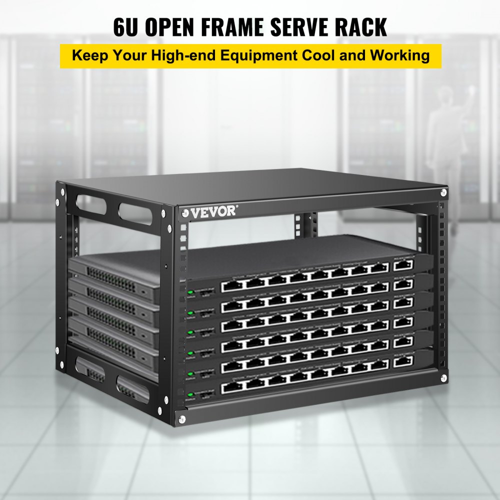 VEVOR Server Rack, 6U Open Frame Rack, 4-Post IT Server Network Relay Rack, 19 Inch Server/Audio Network Equipment Rack Cold Rolled Steel, Heavy Duty Threaded Rack, Holds Network Servers & AV Gear