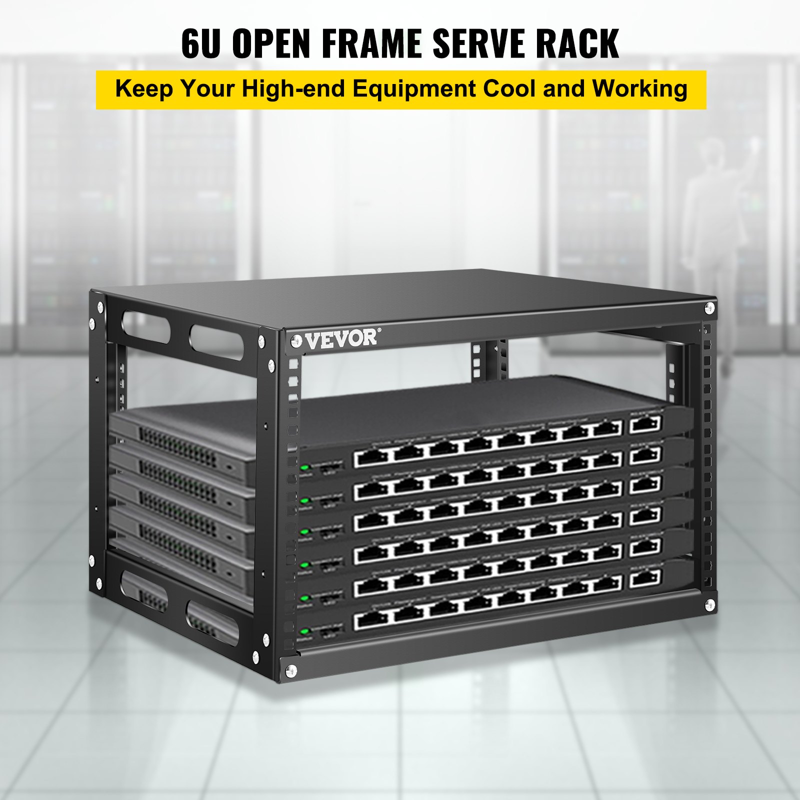 VEVOR Server Rack, 6U Open Frame Rack, 4-Post IT Server Network Relay Rack, 19 Inch Server/Audio Network Equipment Rack Cold Rolled Steel, Heavy Duty Threaded Rack, Holds Network Servers & AV Gear