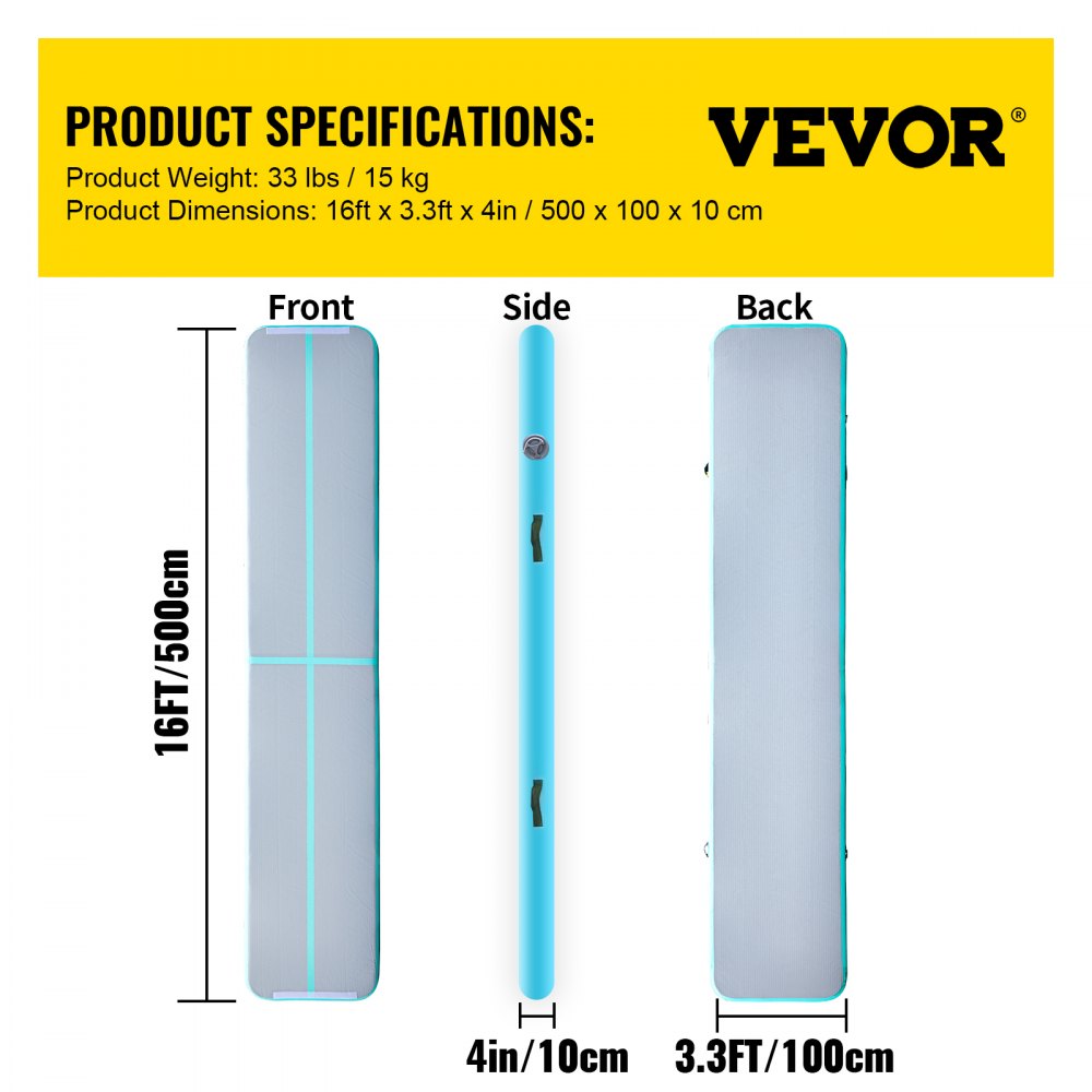 VEVOR 16ft Inflatable Air Gymnastic Mat, 4 inches Thickness Air Tumble Track with Electric Air Pump,Dubrable Material Air Mat for Home Use / Training /Cheerleading / Yoga / Water,Tiffany